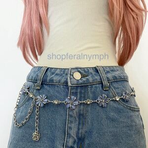 Silver Y2K Fairycore Blue Flower Chain Belt, Fits 22-42 Inches, X7GA1530